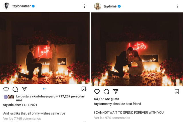 13.11.2021 | Publicación de Taylor Lautner y Taylor Dome anunciando su compromiso. Foto: captura Taylor Lautner / Taylor Dome / Instagram