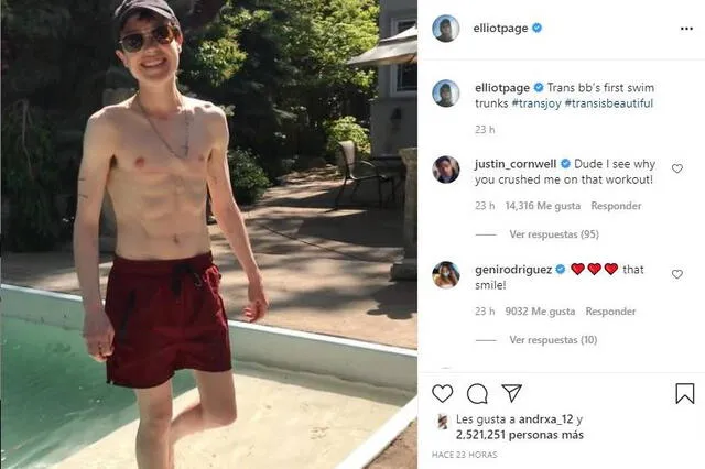 Elliot Page en su primer traje de baño masculino. Foto: captura Instagram.