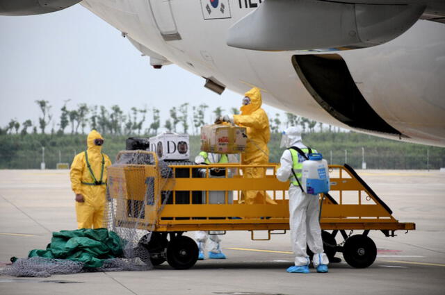 Personal rocía desinfectante en el equipaje que se descarga del Boeing 737-800 operado por la aerolínea surcoreana T'way. Foto: AFP.