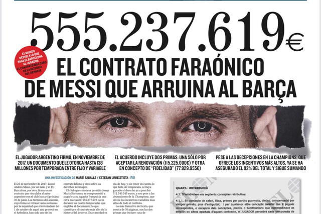 La portada de El Mundo sobre el millonario contrato de Lionel Messi. Foto: El Mundo