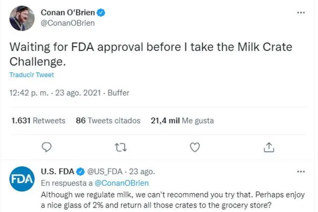 La FDA respondió al presentador: "no podemos recomendarte que pruebes eso". Foto: captura Twitter / Conan O'Brien
