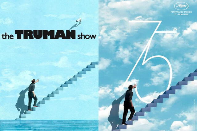 A la izquierda, el póster de "The Truman Show" y a la derecha, el cartel oficial del 75° Festival de Cannes. Foto: composición/Festival de Cannes