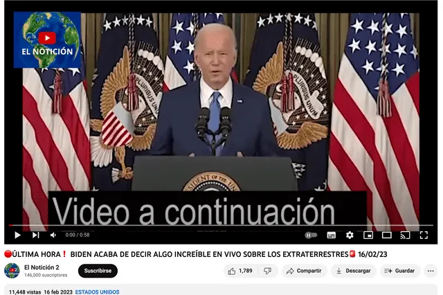 Material audiovisual que muestra anuncio de presencia extraterrestre por parte del presidente Biden. Foto: captura de YouTube   