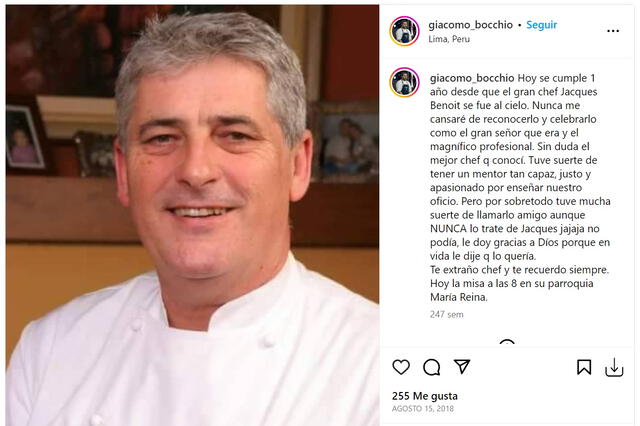  Publicación de Giacomo Bocchio a un año de la muerte de su mentor, el chef francés Jacques Benoit. Foto: captura Instagram    