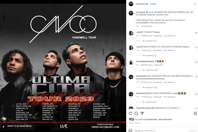 CNCO revela qué países visitará en su última gira de 2023. Foto: Instagram/cncomusic   