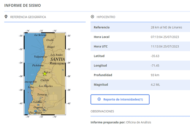 Último temblor hoy en Chile. Foto: CSN