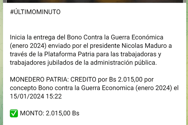 Inició el pago del BONO de GUERRA para los jubilados de la administración pública en Venezuela. Foto: Canal Patria/Telegram   