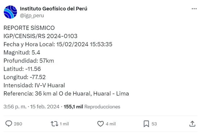 IGP reportó información del último sismo registrado en Lima. Foto: IGP   
