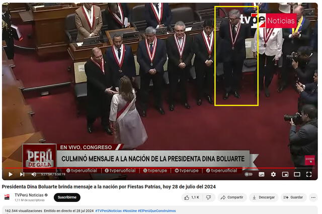  Piero Corvetto está presente al culminar el mensaje de la nación de Dina Boluarte. Foto: captura en YouTube / TV Perú.<br><br>    