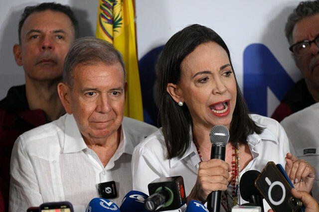 María Corina Machado exhortó a los militares a ponerse "del lado del pueblo" entre denuncias de fraude en las presidenciales. Foto: AFP.   