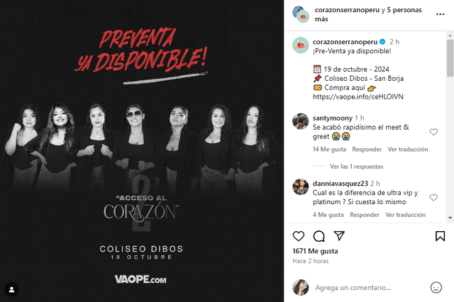  Corazón Serrano, grupo musical de cumbia peruana, compartió en su red social. Foto: Instagram/Corazón Serrano   