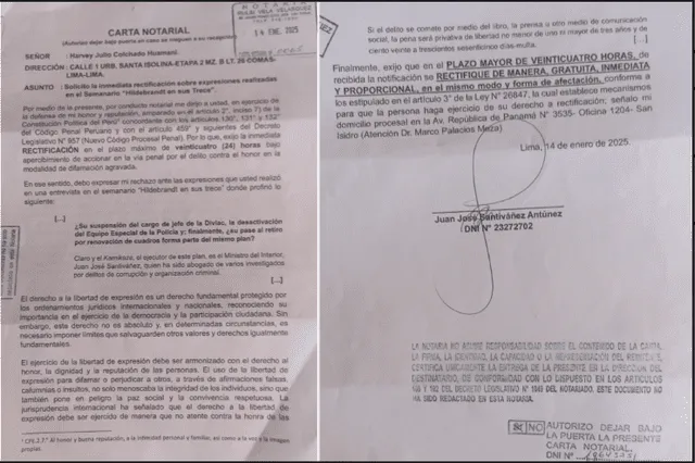  Juan José Santiváñez le envió una carta notarial a Harvey Colchado el último 14 de enero. Foto: X 