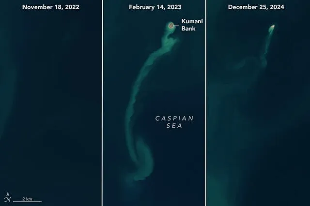  Las imágenes satelitales de la NASA registraron los cambios del banco Kumani entre 2022 y 2024. Foto: NASA   