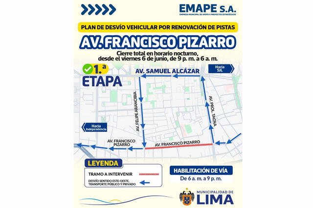 Plan de desvíos en Avenida Francisco Pizarro. Foto: MML Plan de desvíos en Avenida Francisco Pizarro. Foto: MML