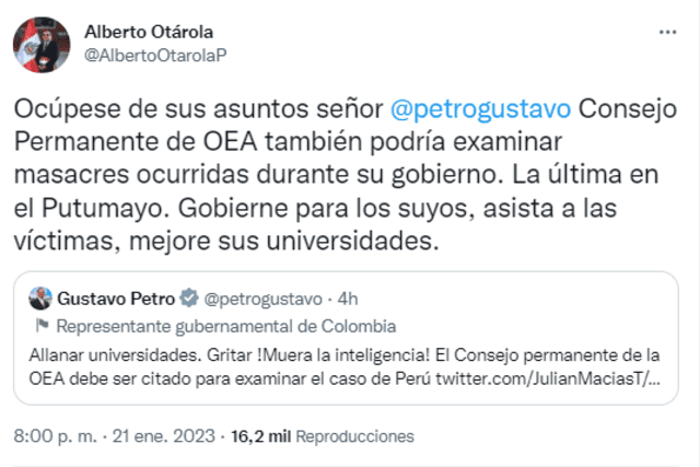 Otárola respondió a Petro. Foto: captura Twitter
