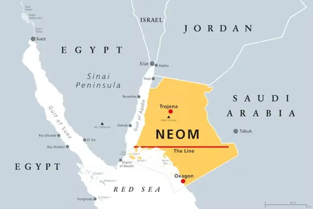 Ubicación de NEOM en Arabia Saudita, el proyecto que incluye la ciudad lineal The Line. Foto: The Conversation