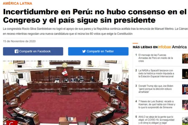 Infobae destaca la falta de consenso del Congreso peruano para elegir la