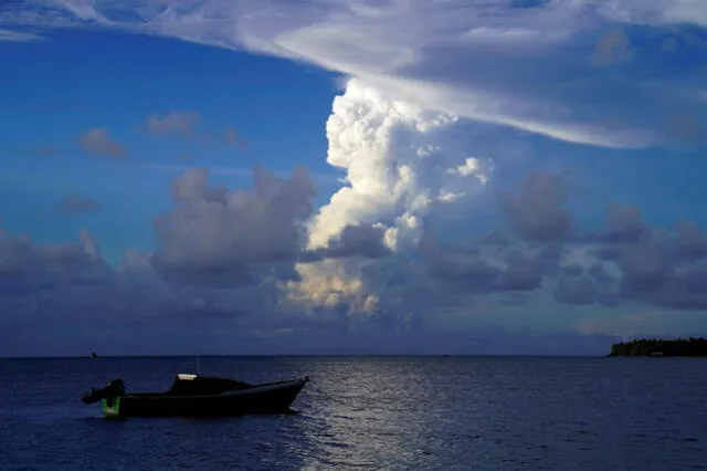 Nubes gaseosas blancas que se elevan desde la erupción de Hunga Ha'apai vistas desde la costa de Patangata cerca de la capital de Tonga, en una foto de archivo de diciembre. Foto: Mary Lyn Fonua / AFP