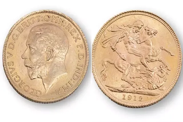 Una moneda soberana de oro del rey Jorge V de Gran Bretaña se rescató del RMS Titanic en 1987. Foto: Casa de subastas de Guernsey