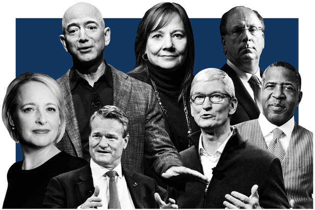 De izquierda a derecha, en la primera fila: Julia Sweet, Brian Moynihan, Tim Cook, Robert Smith. En la segunda fila: Jeff Bezos, Mary Barra y Larry Fink.