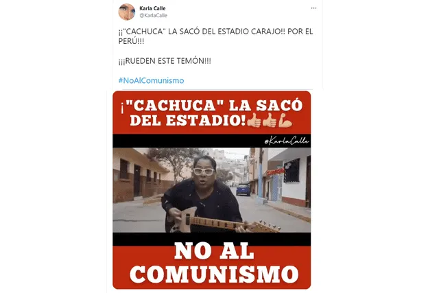 Según un post viral, ‘Cachuca’ de Los Mojarras  versionó ‘Alma, corazón y vida’ bajo el lema “no al comunismo”. Foto: captura en Twitter.