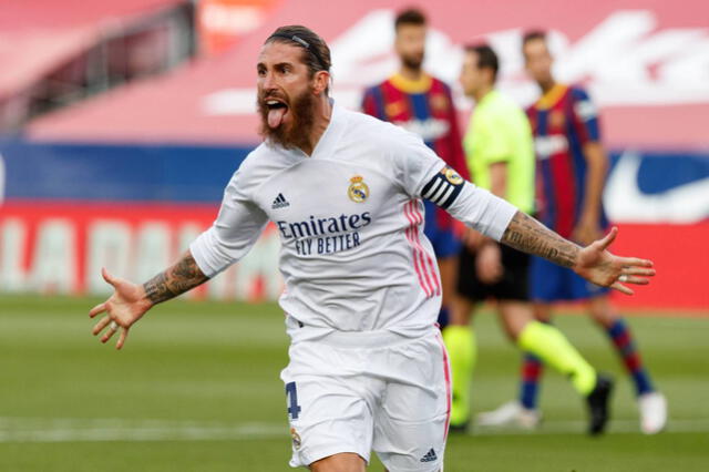 Sergio Ramos celebra su último gol al FC Barcelona