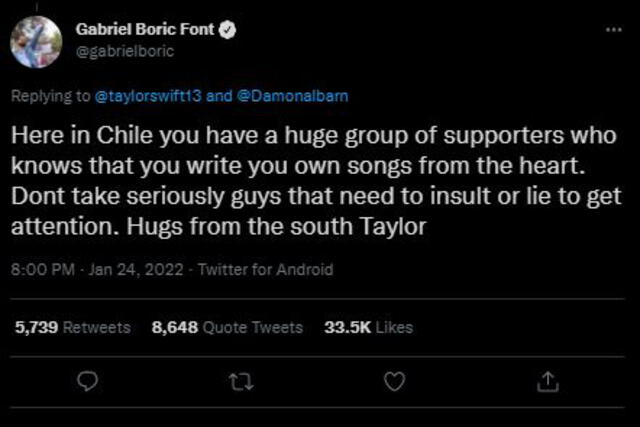 El presidente electo de Chile defendió a Swift. Foto: Twitter Gabriel Boric