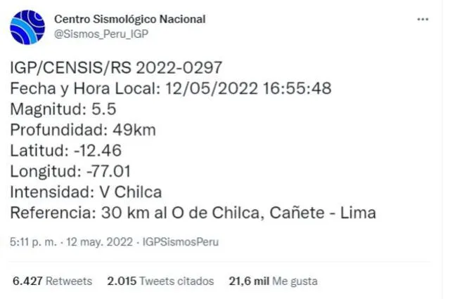 Servicio Sismológico Nacional ofreció los detalles sobre el seísmo en Lima registrado a las 4.55 p. m. Foto: captura Twitter