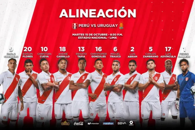 Alineaciones del partido amistoso internacional entre Perú y Uruguay.