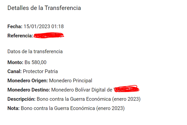 Mensaje de transferencia del Bono Contra la Guerra Económica que se empezó a entregar este domingo 15 de enero de 2023. Foto: captura Plataforma Patria