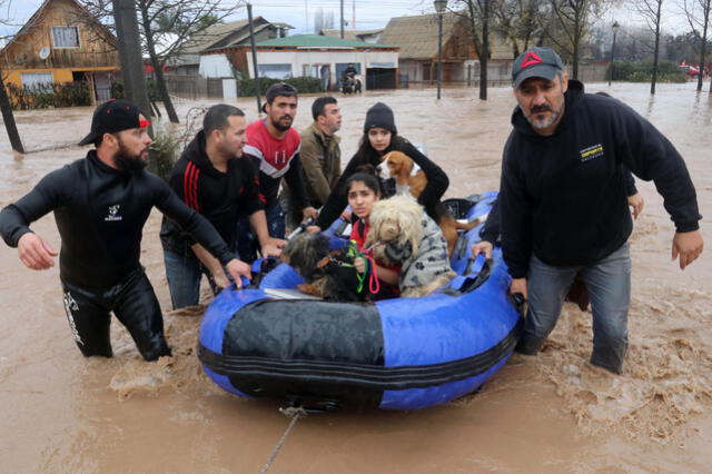  Personas y sus mascotas siendo rescatadas en un bote inflable en Coltauco, en el sur de Santiago. Foto: AFP    