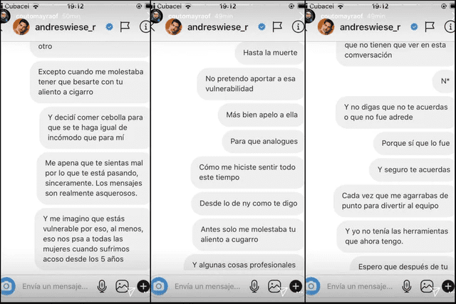 Mayra Couto mostró chats en los que le reclamaba a Andrés Wiese por un supuesto acoso. Foto: Instagram   