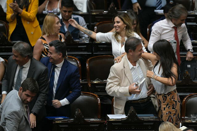 Parlamentarios oficialistas de la Libertad Avanza celebrando la aprobación de la ley ómnibus. Foto: AFP   