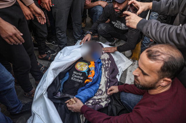 Familiares y amigos lloran junto al cadáver de Saif Abu Taha, miembro de la ONG World Central Kitchen que murió en un ataque israelí. Foto: AFP   