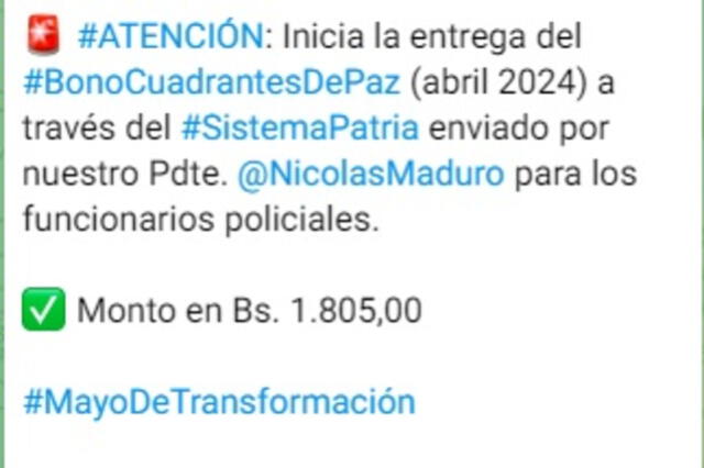 Anuncio del Bono Cuadrante de Paz de abril 2024. Foto: Bonos Protectores Social Al Pueblo   