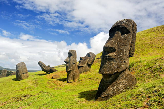 Moáis caídos y semienterrados en la cantera del volcán Rano-Raraku. Los isleños extrajeron de aquí la piedra para labrar estas estatuas. Foto: National Geographic   