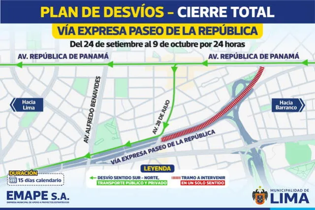  Anuncian cierre total de la Vía Expresa Paseo de la República durante 15 días: este es el plan de desvío    