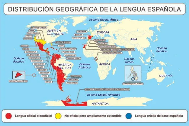 La lengua español es hablada en 22 países del mundo, desde América hasta África. Foto: Wikiwand   