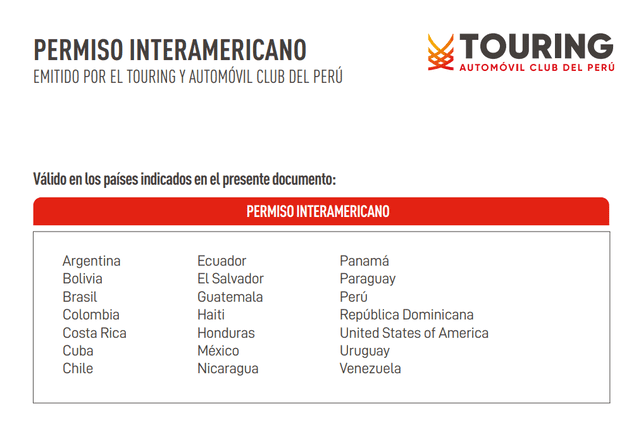 Lista de los 20 países interamericanos válidos para el permiso de conducir internacional de Touring Automóvil Club del Perú   