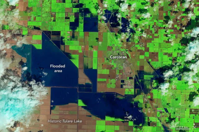 En 2023, el lago Tulare inundó zonas agrícolas del estado de California. Foto: NASA Earth Observatory    