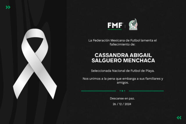 Anuncio del deceso de la joven futbolista. Foto: Federación Mexicana de Fútbol   