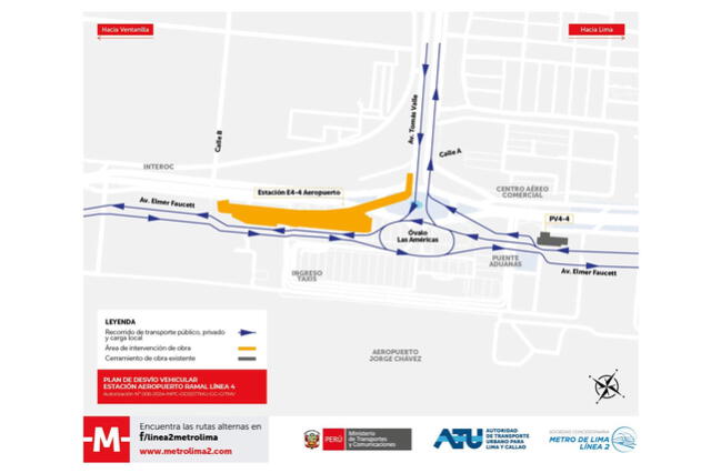 Inicia nuevo plan de desvío por obras de estación Aeropuerto en la Línea 4 del Metro de Lima. Foto: MTC   