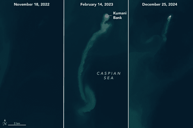  Un gráfico de la NASA muestra la "aparición" y "desaparición" del mar Caspio. Foto: NASA.    