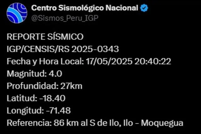 Temblor en Moquegua, según IGP. Foto: IGP Temblor en Moquegua, según IGP. Foto: IGP