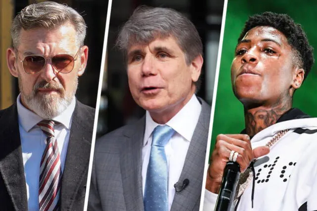 De izquierda a derecha: El actor Jay Johnston; el exgobernador de Illinois Rod Blagojevich; y el rapero NBA YoungBoy. Foto: NBC News. De izquierda a derecha: El actor Jay Johnston; el exgobernador de Illinois Rod Blagojevich; y el rapero NBA YoungBoy. Foto: NBC News.