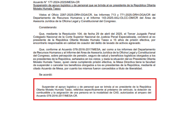  Acuerdo de la Mesa Directiva del Congreso sobre la suspensión de beneficios de Ollanta Humala.   