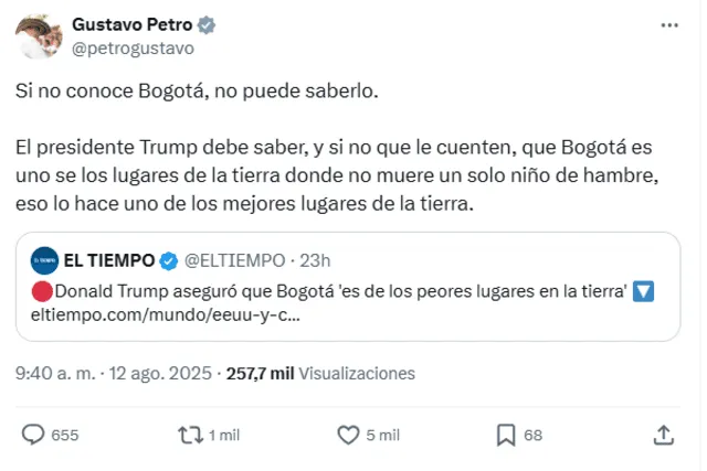  Gustavo Petro responde a Donald Trump sobre la ciudad de Bogotá. Foto: X.   