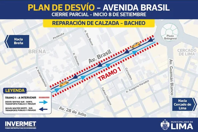Plan de desvíos en la avenida Brasil. Foto: MML Plan de desvíos en la avenida Brasil. Foto: MML