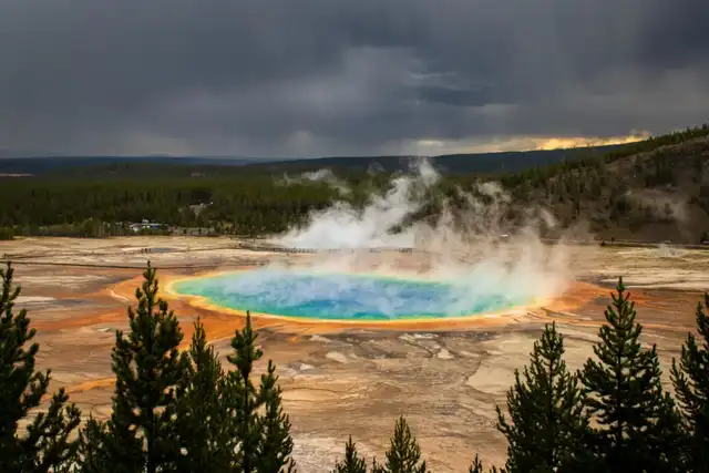 Los colores de la Gran Fuente Prismática, en el Parque Nacional de Yellowstone, son creados por microbios amantes del calor. Foto: Sociedad Geológica de EE. UU.