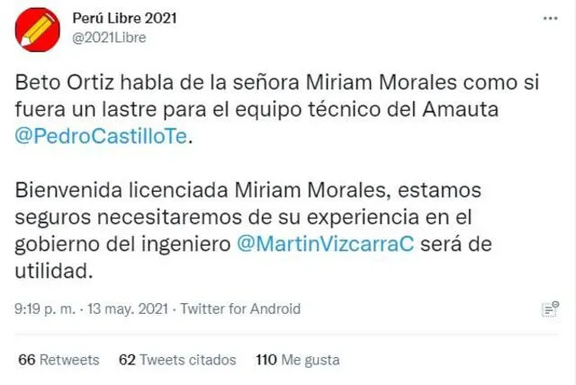 Tuit apócrifo que anuncia la supuesta "bienvenida" de Mirian Morales al equipo técnico de Perú Libre. Fuente: Twitter